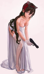 Rule 34 | 1girl, animal ears, bent over, breasts, brown hair, cat ears, closed mouth, dress, earrings, fkey, full body, gloves, grey footwear, gun, hair ribbon, hairband, handgun, high heels, highres, holding, holding gun, holding weapon, jewelry, long dress, long hair, long legs, looking at viewer, medium breasts, original, pigeon-toed, pink eyes, pistol, red hairband, ribbon, see-through, see-through legwear, sheer gloves, shoes, solo, strapless, strapless dress, thighhighs, two-handed, very long hair, weapon, wedding dress, white dress, white gloves