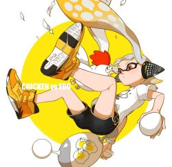 Rule 34 | 1girl, bird, black shorts, blonde hair, blunt bangs, chicken, commentary, dolphin shorts, egg, english text, feathers, floating, gradient hair, headgear, high tops, holding, holding weapon, inkling, inkling girl, inkling player character, long hair, luna blaster (splatoon), multicolored hair, nintendo, parted lips, pointy ears, print shirt, red eyes, shirt, shoes, short shorts, short sleeves, shorts, silver hair, sneakers, solo, splatoon (series), splatoon 2, tentacle hair, very long hair, weapon, white shirt, yellow footwear, yeneny