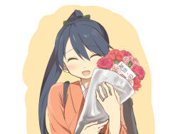 Rule 34 | 10s, 1girl, black hair, bouquet, carnation, closed eyes, flower, houshou (kancolle), japanese clothes, jewelry, kantai collection, long hair, mother&#039;s day, open mouth, personification, ponytail, ring, shimotsuki iko, smile, solo, wedding band