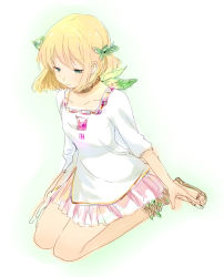 Rule 34 | 1girl, blonde hair, character request, green eyes, hair ornament, jewelry, leaf, monochrome, necklace, pale color, sandals, seiza, short hair, sitting, sketch, solo, ume (plumblossom), wreath
