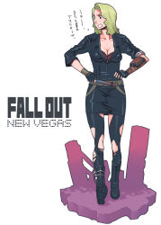 Rule 34 | 1girl, blonde hair, boots, bra, breasts, cleavage, clenched teeth, courier (fallout new vegas), fallout (series), fallout: new vegas, faux figurine, female focus, fingerless gloves, g-room honten, gloves, large breasts, lingerie, long hair, pantyhose, shoes, simple background, solo, standing, teeth, text focus, torn clothes, torn pantyhose, translated, underwear, white background