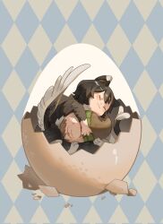 Rule 34 | 1girl, :3, afterimage, animal ears, argyle, argyle background, argyle clothes, black hair, black wings, cat ears, cat tail, character doll, chibi, chilchuck tims, chimera, closed eyes, dungeon meshi, egg, eggshell, eggshell hat, feathered wings, fingernails, happy, hatching, highres, hugging doll, hugging object, izutsumi, koucailiao1, leaning to the side, low wings, monsterification, sharp fingernails, short hair, sitting, solo, stuffed toy, tail, tail wagging, two-tone background, two-tone wings, white wings, wings