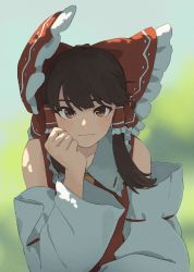 Rule 34 | 1girl, ascot, bare shoulders, blunt bangs, blurry, blurry background, blush, bow, brown eyes, brown hair, closed mouth, collar, commentary request, detached sleeves, eyelashes, frilled bow, frilled collar, frilled hair tubes, frills, hair bow, hair tubes, hakurei reimu, hand on own cheek, hand on own face, highres, light smile, long hair, long sleeves, looking at viewer, nontraditional miko, red ribbon, red vest, ribbon, ribbon-trimmed collar, ribbon trim, shiratama (hockey), sidelocks, solo, standing, touhou, vest, white sleeves, wide sleeves, yellow ascot