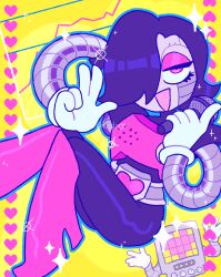 Rule 34 | 1boy, belt, black hair, boots, deltarune, gloves, graph, hair over one eye, heart, high heels, holding, humanoid robot, kcdoos, looking at viewer, mechanical arms, mettaton, mettaton ex, microphone, multiple persona, open mouth, pink footwear, robot, shoulder pads, smile, sparkle, surprised, undertale, white gloves, yellow background