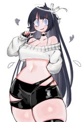 Rule 34 | 1girl, azazel (helltaker), bare shoulders, black choker, black gloves, black hair, black shorts, black thighhighs, blue eyes, blush, breasts, choker, cleavage, cowboy shot, crop top, curvy, fingerless gloves, gloves, hair ribbon, halo, helltaker, highres, large breasts, long hair, looking at viewer, midriff, navel, off shoulder, open mouth, ribbon, shorts, simple background, smile, solo, thick thighs, thighhighs, thighs, usa37107692, white background, white ribbon, wide hips
