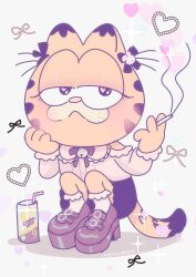 Rule 34 | 1boy, ankle socks, artist name, beer can, bell, blush, bow, bowtie, can, cigarette, clothing cutout, commentary, crossdressing, drink can, drinking straw, frilled socks, frills, furry, furry male, garfield, garfield (character), half-closed eyes, hand on own face, heart, heart-shaped pupils, highres, holding, holding cigarette, jirai kei, long sleeves, milkuriem, my melody, neck bell, platform footwear, platform heels, sanrio, shoulder cutout, smoke, smoking, socks, solo, sparkle, squatting, strong zero, symbol-only commentary, symbol-shaped pupils
