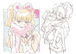Rule 34 | 2girls, :t, animal ears, aran sweater, armpit crease, arms around neck, bare shoulders, barefoot, bear ears, black bra, blonde hair, blush, bow, bra, bra peek, c:, cable knit, carrying, closed eyes, closed mouth, clothes pull, colored eyelashes, cowboy shot, cropped legs, cropped torso, dot nose, fake animal ears, fang, flashing, flying sweatdrops, from side, full body, furrowed brow, green eyes, hair behind ear, hair between eyes, hair bow, hair ornament, hair scrunchie, hairband, half-closed eyes, hand up, hands up, heart, heart necklace, high ponytail, idolmaster, idolmaster cinderella girls, jewelry, jougasaki mika, jougasaki rika, knees together feet apart, lace, lace-trimmed bra, lace trim, light blush, long hair, long sleeves, looking at viewer, matsuo yuusuke, miniskirt, mismatched eyelashes, monochrome, multiple girls, multiple views, nail polish, naughty face, necklace, off shoulder, open clothes, open mouth, outside border, outstretched arms, pale color, partially colored, pendant, pink bow, pink hairband, pink scarf, pinky out, ponytail, princess carry, pulling own clothes, scarf, scrunchie, short shorts, shorts, siblings, sisters, sketch, skirt, sleeves past wrists, smile, smirk, smug, standing, sweater, sweater pull, thick eyelashes, two side up, u u, underwear, upper body, white background