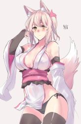Rule 34 | 1girl, animal ear fluff, animal ears, arm up, bare shoulders, black gloves, black panties, black thighhighs, blonde hair, blush, breasts, brown eyes, cleavage, closed mouth, commentary, dated, detached sleeves, elbow gloves, fox ears, fox girl, fox tail, gloves, grey background, hair between eyes, hand in own hair, japanese clothes, large breasts, long hair, looking at viewer, navel, nose blush, obi, original, panties, pink sash, sash, sawaya (mizukazu), see-through, simple background, solo, standing, tail, thighhighs, underwear