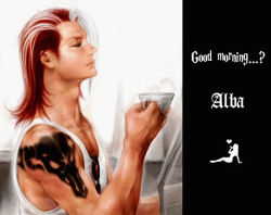 Rule 34 | 1boy, alba meira, cup, closed eyes, kof: maximum impact, male focus, red hair, snk, solo, sunglasses, tattoo, teacup, text focus, the king of fighters