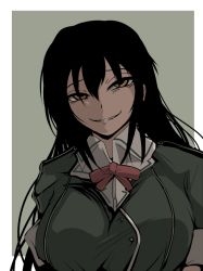 Rule 34 | 10s, 1girl, black hair, breasts, brown eyes, chikuma (kancolle), emphasis lines, evil smile, grin, kantai collection, large breasts, long hair, looking at viewer, shiba yuuki, smile, solo, upper body