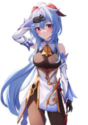 Rule 34 | 1girl, absurdres, ahoge, arm up, bare shoulders, bell, black gloves, black pantyhose, blue hair, blush, breasts, cleavage, detached sleeves, ganyu (genshin impact), genshin impact, gloves, gold trim, hidel, highres, horns, light smile, long hair, looking at viewer, low ponytail, medium breasts, neck bell, pantyhose, purple eyes, sidelocks, solo, standing, tassel, thighlet, thighs, vision (genshin impact), waist cape, white background, white sleeves