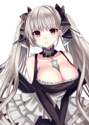 Rule 34 | 1girl, 8931ponzu, azur lane, bare shoulders, black ribbon, breasts, cleavage, closed mouth, collarbone, detached collar, dress, formidable (azur lane), frilled dress, frills, hair ribbon, large breasts, long hair, looking at viewer, maid, red eyes, ribbon, silver hair, simple background, solo, twintails, v arms, very long hair, white background