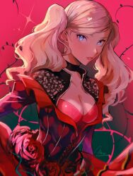 Rule 34 | 1girl, alternate costume, black choker, blonde hair, blue eyes, blush, breasts, carmen (persona 5), carmen (persona 5) (cosplay), choker, cleavage, commentary request, cosplay, dress, flower, heart, heart print, lips, long hair, looking at viewer, medium breasts, momotamago, parted lips, persona, persona 5, pink lips, red background, red dress, red flower, red rose, rose, signature, solo, swept bangs, takamaki anne, twintails