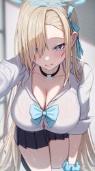 Rule 34 | 1girl, absurdres, asuna (blue archive), black skirt, blonde hair, blue archive, blue eyes, blush, bow, breasts, choker, cleavage, hair over one eye, hair ribbon, halo, heart, highres, icetea774, large breasts, long hair, looking at viewer, mole, mole on breast, official alternate costume, open clothes, open shirt, ribbon, scrunchie, shirt, skirt, smile, solo, swept bangs, symbol-shaped pupils, white shirt, wrist scrunchie