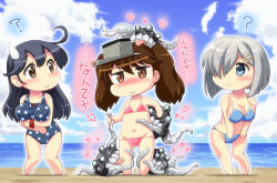 Rule 34 | 10s, 3girls, :&gt;, ?, abyssal ship, ahoge, anger vein, bare shoulders, beach, bikini, black hair, blue bikini, blue eyes, blue sky, blush, breast hold, breasts, brown eyes, brown hair, chibi, cloud, collarbone, commentary request, day, enemy naval mine (kancolle), eyebrows, flat chest, hair ornament, hair over one eye, hairclip, hamakaze (kancolle), hase yu, heart, holding, kantai collection, large breasts, licking, long hair, looking at another, looking to the side, multiple girls, navel, ocean, one-piece swimsuit, outdoors, pink bikini, polka dot, polka dot swimsuit, ryuujou (kancolle), sand, scrunchie, short hair, silver hair, sky, standing, sweat, sweatdrop, swimsuit, teeth, tentacles, tongue, tongue out, translation request, twintails, ushio (kancolle), visor cap, water, wrist scrunchie
