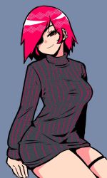 Rule 34 | 1girl, akairiot, blue background, breasts, eyepatch, hair over one eye, half-closed eyes, large breasts, original, patterned, patterned hair, red eyes, red hair, short hair, simple background, sitting, smile, smirk, solo, sweater, thigh strap, upper body