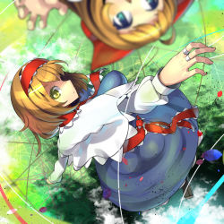 Rule 34 | 1girl, alice margatroid, blonde hair, blue dress, blue eyes, blurry, bow, capelet, depth of field, dress, hair bow, hairband, jewelry, long sleeves, looking at viewer, puppet strings, ring, sash, shanghai doll, touhou, umigarasu (kitsune1963), upside-down, yellow eyes
