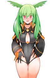Rule 34 | 1girl, adjusting clothes, adjusting swimsuit, ass, black one-piece swimsuit, blush, breasts, cleavage, cleavage cutout, clothing cutout, commentary request, embarrassed, fate/grand order, fate (series), gloves, gluteal fold, green hair, head wings, highleg, highleg swimsuit, highres, jacket, large breasts, long sleeves, looking at viewer, olrun (fate), one-piece swimsuit, open mouth, red eyes, short hair, simple background, solo, swimsuit, thigh gap, thighs, valkyrie (fate), white background, wings, yoosai