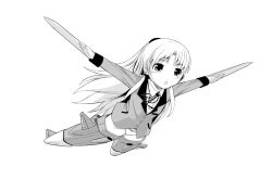 Rule 34 | 1girl, angel beats!, blazer, flying, greyscale, hand sonic, jacket, long hair, monochrome, outstretched arms, panties, parody, school uniform, sei kazuyoshi, solo, spread arms, strike witches, striker unit, tenshi (angel beats!), underwear, world witches series