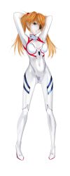 Rule 34 | 1girl, absurdres, alternate hairstyle, arms behind head, arms up, artist request, ass, bodysuit, breasts, brown eyes, brown hair, cowboy shot, curvy, evangelion: 3.0+1.0 thrice upon a time, expressionless, full body, hair between eyes, highres, interface headset, long hair, looking at viewer, neon genesis evangelion, pilot suit, plugsuit, rebuild of evangelion, shiny clothes, simple background, skin tight, small breasts, solo, souryuu asuka langley, twintails, two side up, very long hair, white bodysuit, wide hips