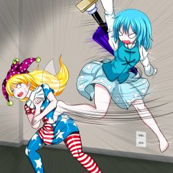 Rule 34 | &gt;:d, 2girls, :d, american flag dress, american flag legwear, angry, arm up, barefoot, blonde hair, blue hair, blue skirt, blue vest, closed umbrella, clownpiece, collar, commentary request, empty eyes, fairy, fairy wings, full body, hat, jester cap, kicking, long hair, long sleeves, motion lines, multiple girls, open mouth, pantyhose, red eyes, shirt, short hair, short sleeves, skirt, smile, tatara kogasa, toes, touhou, umbrella, v-shaped eyebrows, very long hair, vest, white shirt, wings, yagi10