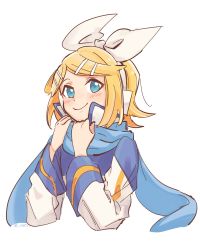 Rule 34 | 1girl, bad id, bad twitter id, blonde hair, blue eyes, blue scarf, bow, coat, cosplay, cropped torso, hair bow, hair ornament, hairclip, hands up, headphones, highres, holding, holding clothes, holding scarf, kagamine rin, kaito (cosplay), kaito (vocaloid), looking at viewer, m0ti, scarf, short hair, smile, solo, swept bangs, upper body, vocaloid, white background, white bow, white coat