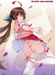 Rule 34 | 1girl, ahoge, artist name, ass, bad id, bad pixiv id, bare shoulders, blue ribbon, blush, bracelet, breasts, brown eyes, brown hair, controller, dyed ahoge, embarrassed, female ejaculation, female focus, female orgasm, frilled skirt, frills, from behind, gradient background, haimei1980, hair ribbon, jewelry, leg up, long hair, looking back, matching hair/eyes, miniskirt, no panties, nose blush, object insertion, off shoulder, open mouth, orgasm, peeing, petals, pink shirt, pixiv id, pleated skirt, ponytail, pussy juice, red skirt, remote control, remote control vibrator, ribbon, see-through, sex toy, shinka musume, shinka musume channel, shirt, short sleeves, simple background, skirt, small breasts, solo, standing, standing on one leg, teeth, thighhighs, twitter username, uncensored, upskirt, vaginal, vaginal object insertion, vibrator, vibrator cord, vibrator in thighhighs, virtual youtuber, watermark, white thighhighs, wind