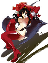 Rule 34 | 1girl, ahoge, arms up, bastard!!, bat wings, black hair, boots, bouncing breasts, breasts, breasts apart, female focus, full body, grey eyes, hat, high heel boots, high heels, jester cap, large breasts, legs, lips, long hair, long legs, looking at viewer, midriff, navel, porno dianno, red thighhighs, revealing clothes, seqet-aru, slingshot swimsuit, smile, solo, swimsuit, thigh boots, thighhighs, thighs, underboob, wings