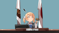 Rule 34 | !, 1girl, blush stickers, closed mouth, commentary, english commentary, green eyes, hair ornament, hammer, holding, holding hammer, indie virtual youtuber, japanese flag, judge, pedobear, pom pom (clothes), pom pom hair ornament, shigure ui (vtuber), shigure ui (vtuber) (young), short hair, solo, sydus, twintails, virtual youtuber