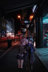 Rule 34 | 2girls, absurdres, alternate costume, arknights, arm hug, blue eyes, blue hair, blue jacket, blue poison (arknights), blush, cardigan, casual, choker, closed mouth, commentary, glaucus (arknights), hand in pocket, highres, jacket, jewelry, lamppost, leaning on person, leg brace, lobsteranian, long sleeves, looking to the side, low twintails, miniskirt, multicolored hair, multiple girls, necklace, night, one eye closed, open clothes, open jacket, pants, parted lips, photo background, pink hair, ribbed sweater, road, road sign, scarf, sign, skirt, streaked hair, street, sweater, twintails, yuri
