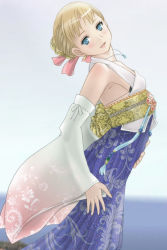 Rule 34 | 1girl, aphmau, aqua eyes, armpits, bare shoulders, blonde hair, blue eyes, cloritin, cosplay, detached sleeves, earrings, efui, final fantasy, final fantasy x, final fantasy xi, hakama, hakama skirt, highres, japanese clothes, jewelry, necklace, open mouth, pink ribbon, ribbon, short hair, skirt, smile, solo, yuna, yuna (cosplay), yuna (ff10), yuna (ff10) (cosplay), yuna (final fantasy) (cosplay)