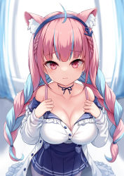 Rule 34 | 1girl, ahoge, anchor hair ornament, animal ear fluff, animal ears, blue hair, blue hairband, blue skirt, blush, bra, bra peek, braid, breasts, cat ears, choker, closed mouth, cowboy shot, extra ears, hair ornament, hairband, highres, hololive, jacket, large breasts, long hair, long sleeves, looking at viewer, milkshakework, minato aqua, minato aqua (sailor), multicolored hair, open clothes, open jacket, pantyhose, pink eyes, pink hair, pleated skirt, revision, ribbon choker, shirt, skirt, solo, standing, twin braids, twintails, two-tone hair, underwear, very long hair, virtual youtuber, white jacket, white shirt