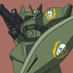 Rule 34 | artist request, eyepatch, gelgoog, ground gelgoog, gun, gundam, gundam side story: rise from the ashes, mecha, no humans, robot, shield, simple background, skull, solo, weapon