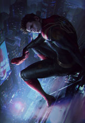 Rule 34 | 1boy, black bodysuit, black hair, bodysuit, city, closed mouth, highres, holding, holding mask, looking at viewer, male focus, marvel, marvel cinematic universe, mask, night, outdoors, peter parker, red bodysuit, short hair, solo, spider-man, spider-man: no way home, spider-man (series), superhero costume, tom holland, two-tone bodysuit, untitle, unworn mask