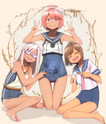 Rule 34 | &gt;:), 3girls, ahoge, awachi, barefoot, blonde hair, blouse, blue eyes, blue one-piece swimsuit, blush stickers, brown hair, cosplay, costume switch, double v, female focus, flower, full body, girl sandwich, goggles, hair flower, hair ornament, handprint, i-401 (kancolle), i-58 (kancolle), kantai collection, kneeling, long hair, multiple girls, old school swimsuit, one-piece swimsuit, pink eyes, pink hair, pointing, ponytail, ro-500 (kancolle), sandwiched, school swimsuit, shirt, short hair, sitting, sleeveless, sleeveless shirt, smile, swimsuit, swimsuit under clothes, tan, tanline, thigh gap, v, v-shaped eyebrows, wariza, white shirt