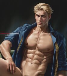 Rule 34 | 1boy, abs, bara, bare pectorals, blonde hair, blue shirt, bottomless, closed mouth, collared shirt, highres, jujutsu kaisen, large pectorals, looking at viewer, male focus, muscular, muscular male, naked shirt, nanami kento, navel, necktie, nipples, open clothes, open shirt, paid reward available, patreon username, pectorals, shirt, short hair, solo, twitter username, undone necktie, urielbeaupre15