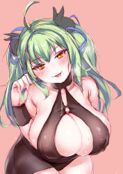Rule 34 | 1girl, absurdres, bare shoulders, blush, breasts, female focus, green hair, highres, huge breasts, long hair, oinari risuru, orange eyes, saliva, solo, tongue, tongue out