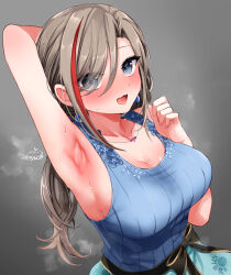 Rule 34 | 1girl, arm behind head, arm up, armpits, artist name, bare shoulders, blue eyes, blush, breasts, brown hair, cleavage, commentary request, eyes visible through hair, festa11307070, grey background, hair between eyes, hair over one eye, jewelry, kurusu natsume, kurusu natsume (1st costume), large breasts, long bangs, long hair, looking at viewer, multicolored hair, necklace, nijisanji, open mouth, paid reward available, presenting armpit, red hair, signature, simple background, sleeveless, smell, smile, solo, steaming body, streaked hair, sweat, two-tone hair, upper body, variant set, virtual youtuber