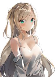 Rule 34 | 1girl, bad id, bad pixiv id, blonde hair, blue eyes, blush, breasts, cleavage, closed mouth, collarbone, girls&#039; frontline, hair between eyes, long hair, looking at viewer, medium breasts, off shoulder, sabet (young ouo), shirt, sidelocks, simple background, singlet, solo, suomi (girls&#039; frontline), white singlet