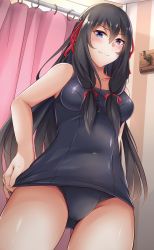 Rule 34 | 1girl, absurdres, adjusting clothes, adjusting swimsuit, black hair, blush, breasts, buwad, cameltoe, changing room, collarbone, curtains, dutch angle, fitting room, from below, gluteal fold, hair ribbon, heterochromia, highres, kirihime yoruka, long hair, navel, red ribbon, ribbon, saijaku muhai no bahamut, school swimsuit, solo, standing, striped, swimsuit