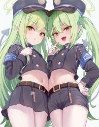 Rule 34 | 2girls, black hat, blue archive, blush, breasts, commentary request, cropped jacket, gloves, green hair, halo, hat, highres, hikari (blue archive), long hair, long sleeves, looking at viewer, midriff, milkshakework, multiple girls, navel, nozomi (blue archive), open mouth, peaked cap, pointy ears, skirt, smile, yellow eyes