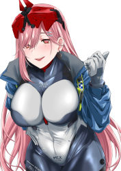 Rule 34 | 1girl, :d, absurdres, blue bodysuit, blue jacket, blush, bodysuit, breasts, commentary, covered navel, cowboy shot, earrings, eyebrows hidden by hair, eyewear on head, fang, girls&#039; frontline, gloves, hair between eyes, hair ornament, hairclip, hand on own hip, hand up, highres, jacket, jewelry, large breasts, leaning forward, long hair, long sleeves, looking at viewer, mole, mole under eye, official alternate costume, open clothes, open mouth, open shirt, pink hair, pointing, red eyes, sam desu, sidelocks, sig mcx (crimson meteor) (girls&#039; frontline), sig mcx (girls&#039; frontline), simple background, smile, solo, spade (shape), spade earrings, standing, teeth, upper teeth only, white background