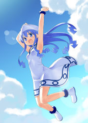 Rule 34 | 1girl, :d, armpits, arms up, bad id, bad pixiv id, blue eyes, blue hair, blush, bracelet, cloud, day, dress, hat, highres, ikamusume, jewelry, jumping, kani biimu, lens flare, long hair, matching hair/eyes, open mouth, outstretched arms, shinryaku! ikamusume, sky, smile, solo, tentacles, tentacle hair