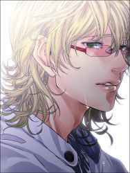 Rule 34 | 10s, 1boy, bad id, bad pixiv id, barnaby brooks jr., blonde hair, close-up, glasses, green eyes, jacket, lips, male focus, manogiichi, solo, sweat, tiger &amp; bunny, white background