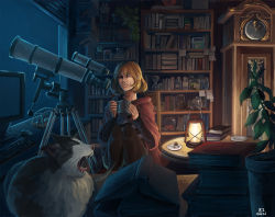 Rule 34 | 1girl, blonde hair, book, bookshelf, cat, clock, cup, dated, hourglass, computer keyboard, monitor, computer mouse, mug, oil lamp, one eye closed, original, pantyhose, plant, potted plant, short hair, sitting, solo, telescope, wink, z.i