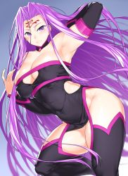 Rule 34 | 1girl, arched back, arm up, armpits, bare shoulders, black gloves, black thighhighs, blue background, breasts, cleavage, covered navel, elbow gloves, fate (series), gloves, highres, leg lift, looking at viewer, medium breasts, medusa (fate), medusa (rider) (fate), medusa (rider) (third ascension) (fate), no blindfold, onsoku inu, purple eyes, simple background, solo, thick thighs, thighhighs, thighs
