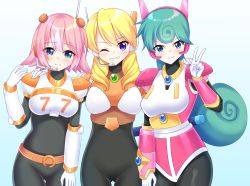 Rule 34 | 3girls, ;), alia (mega man), blonde hair, blue eyes, blush, bodysuit, breasts, closed mouth, commission, commissioner upload, cowboy shot, gradient background, green hair, grin, hand on another&#039;s shoulder, hand up, headset, kitsuneco, large breasts, long hair, looking at viewer, marino (mega man), medium breasts, mega man (series), mega man x: command mission, mega man x (series), multiple girls, nana (mega man x: command mission), one eye closed, pink hair, purple eyes, short hair, simple background, smile, standing, v
