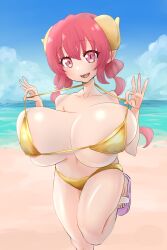 Rule 34 | 1girl, absurdres, bare shoulders, beach, bikini, breasts, bursting breasts, cleavage, cloud, collarbone, cowboy shot, curled horns, day, dragon girl, dragon horns, gold bikini, highres, horns, huge breasts, ilulu (maidragon), kobayashi-san chi no maidragon, long hair, looking at viewer, navel, neck, ocean, ookinaomune, open mouth, pointy ears, red eyes, red hair, revealing clothes, sand, sandals, shortstack, skindentation, sky, slit pupils, smile, solo, standing, standing on one leg, swimsuit, thighs, twintails, yellow horns