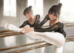 Rule 34 | 1girl, ballerina, black leotard, breasts, brown eyes, brown hair, cleavage, leotard, medium breasts, mirror, reflection, solo, standing, standing on one leg, thighhighs, white thighhighs, yomu (sgt epper)