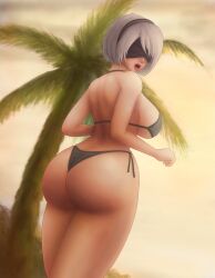 Rule 34 | 1girl, 2b (nier:automata), absurdres, ass, bad tag, beach, beach background, bikini, black bikini, blindfold, breasts, butt crack, day, eyemask, female focus, from behind, highres, huge ass, huge breasts, nier:automata, nier (series), nude, palm tree, red mouth, saf-404, scared, scared expression, shiny body, short hair, sideboob, sky, solo, square enix, sunset, swimsuit, thick thighs, thighs, tiara, tree, video game character, white hair, widescreen, yellow sky